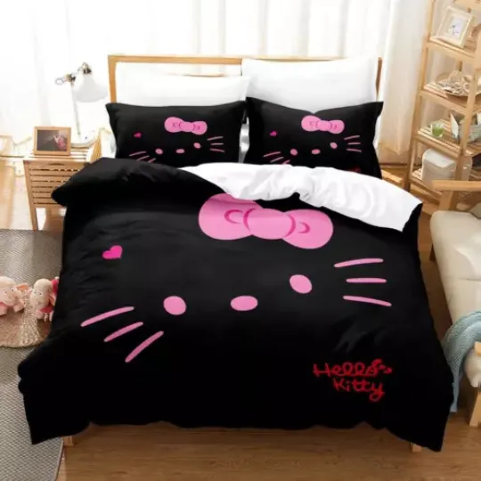 Black Hello Kitty Quilt Duvet Cover Set Bedding Bed Linen Super King