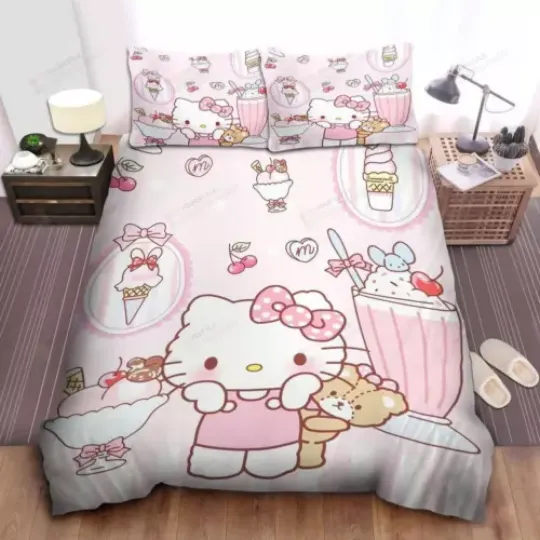 Hello Kitty And Cherry Ice Cream Quilt Duvet Cover Set Queen Home Textiles