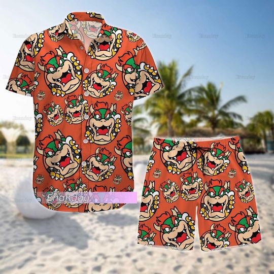 Super Mario Bowser Button Shirt, Mario Bowser Hawaiian Shirt, Bowser Beach Shorts
