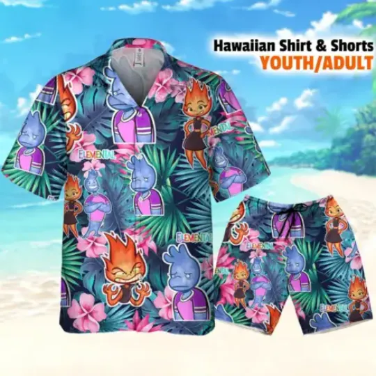 Disney Pixar Elemental Wade And Ember Emotion Tropical Hawaii Shirt Aloha Short