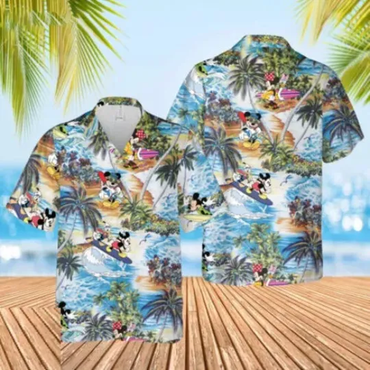 Mickey Mouse and Friends Surfing On The Beach 3D HAWAII SHIRT