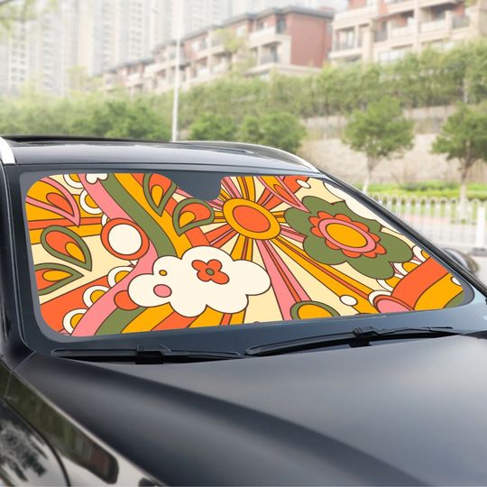 Groovy Sun Rays Car Sun Shade, Funky 60s 70s Front Windshield Car Accessories