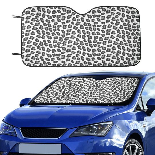 Snow Leopard Print Windshield Sun Shade, Animal Cheetah Black Car Accessories
