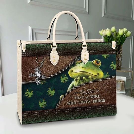 Vintage Girl Loves Frog Tote Bag Handbag, Frog Leather Bag