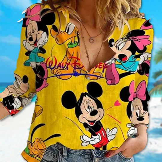Mickey Mouse Linen Shirt, Minnie Mouse Linen Casual Shirt, Cartoon Shirt