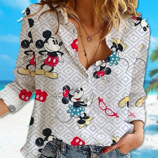 Mickey Mouse Linen Shirt, Cute Minnie Mouse Linen Casual Shirt, Cartoon
