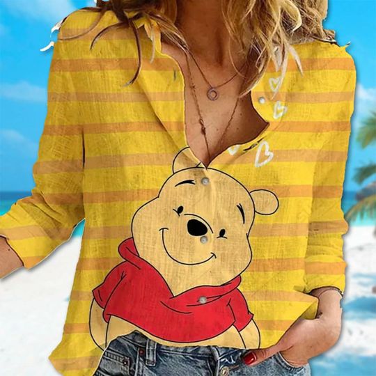 Cute Winnie the Pooh Women's Casual Shirt, Winnie The Pooh Linen Shirt