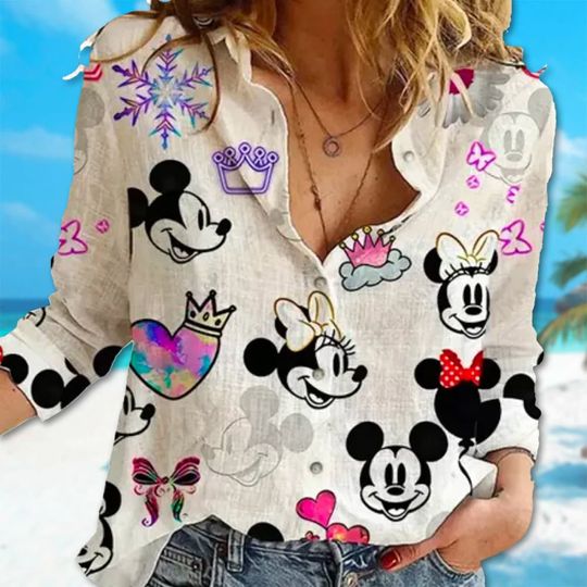 Mickey Minnie Mouse Linen T-Shirt, Animated Mouse Women Casual Shirt