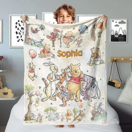 Personalized Watercolor Pooh Blanket, Bear and Friends Blanket