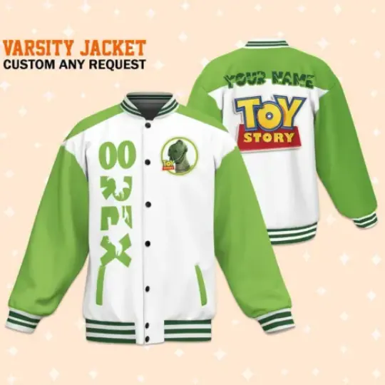 Custom Toy Story Rex Green Baseball Jacket, Adult Varsity Jacket, Personalized