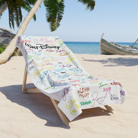 Walt Disney Characters Signatures Mickey Mouse Goofy Princesses Villains - Beach Towel