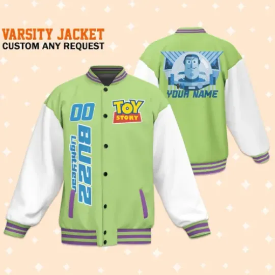 Custom Toy Story Buzz Lightyear Green Baseball Jacket, Adult Varsity Jacket