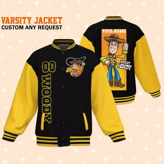 Custom Toy Story Woody Black Baseball Jacket, Adult Varsity Jacket, Disney Gift