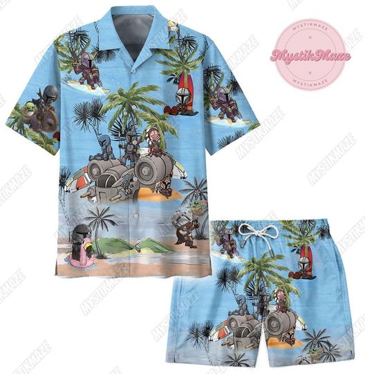 Star Wars Hawaiian Shirt, Mandalorian Swim Short, Star Wars Summer Shirt