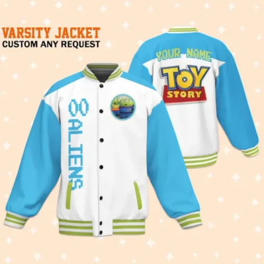 Custom Toy Story Alien Blue Baseball Jacket, Adult Varsity Jacket, Personalized