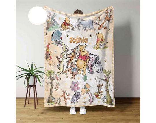 Personalized Watercolor Winnie the Pooh blanket, Pooh Bear and friends blanket