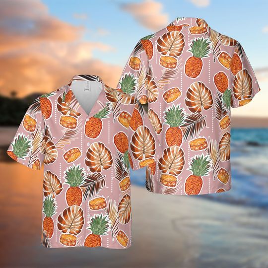 Summer Fruit Short Sleeve Shirt, Pineapple, Palm Leaves, Monstera Leaf, Hawaiian Shirt