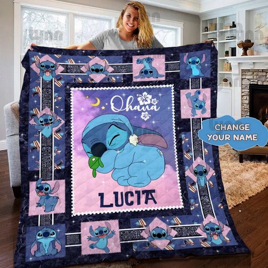 Custom Disney Stitch Fleece Blanket, Disney Lilo and Stitch Quilt Blanket