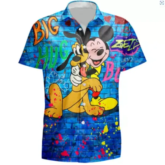 Happy Mickey And Pluto Big Hug Best Friends Forever Blue Theme 3D HAWAII SHIRT