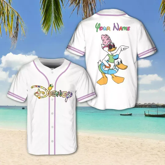 Personalized Donald And Daisy Duck Summer Beach Vacation Baseball Jersey Shirt