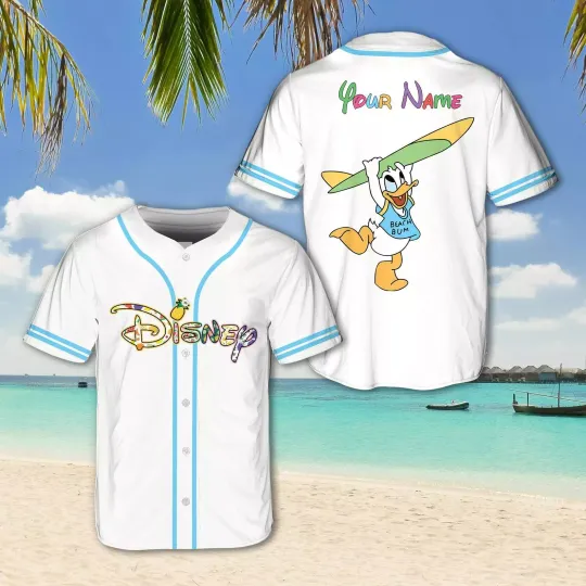 Personalized Donald Duck Surfing Summer Beach Vacation Baseball Jersey Shirt