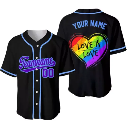 Personalized Love Is Love LGBT Rainbow Heart Pride Baseball Jersey Shirt