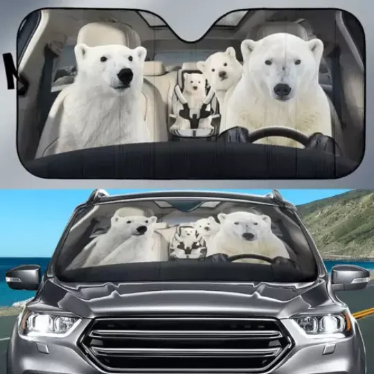Polar Bears Family Driving Go On A Trip Car Sun Shade