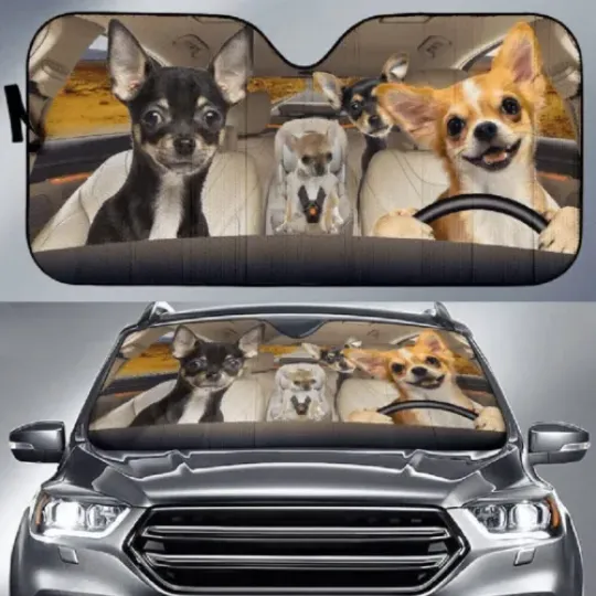 Chihuahua Family Dogs Go On A Trip Car Sun Shade