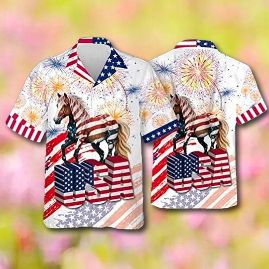Patriotic Horse American Flag Hawaii Shirt, American History Independence Day Hawaiian Shirt, Horse 4th Of July Shirt, Horse Lover Gift