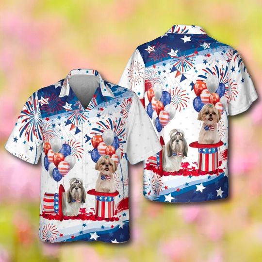Shih Tzu Independence Day Hawaiian Shirt, Shih Tzu American Flag Hawaii Shirt, Dog 4th Of July, Gift For Dog Lover, Dog Patriotic Shirt