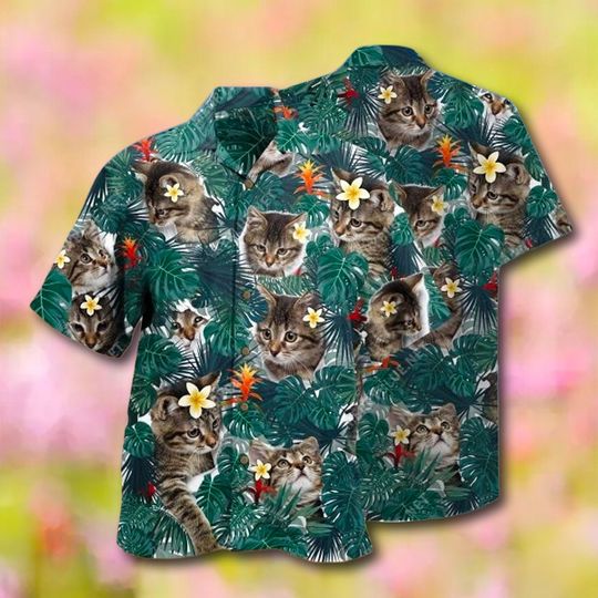 Cat Flower Tropical All Over Printed Hawaiian Shirt, Cute Cat Hawaii Shirt, Cats Button Down Short Sleeve, Gift For Cat Lover