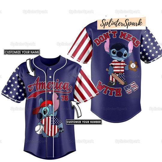 Personalize Stitch Usa Flag Jersey Shirt, Dont Mess With Us Baseball, Disney Stitch Jersey