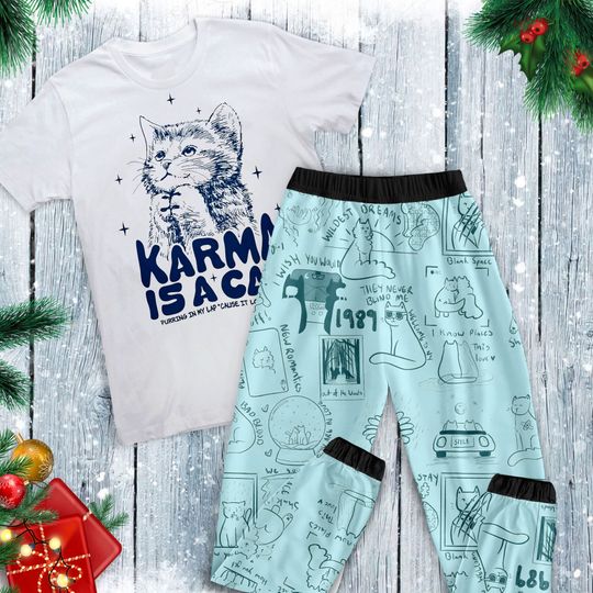 Cute Karma Cat Pajamas Set, Personalized Family Pajamas, Family Christmas Pajamas Set