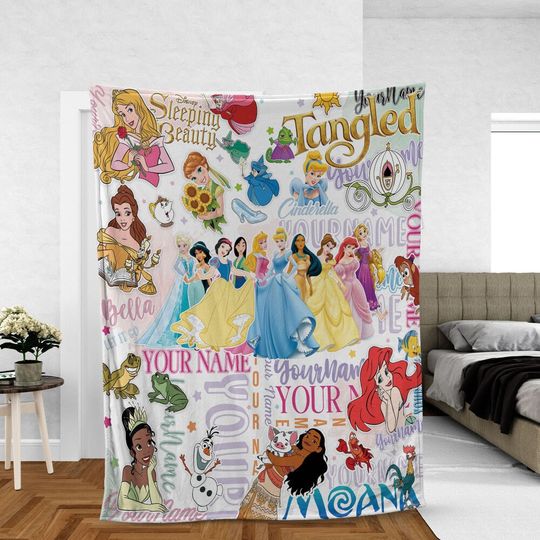 Personalized Baby Girl Watercolor Disney Princess Blanket, Custom Name Baby Girl Blanket