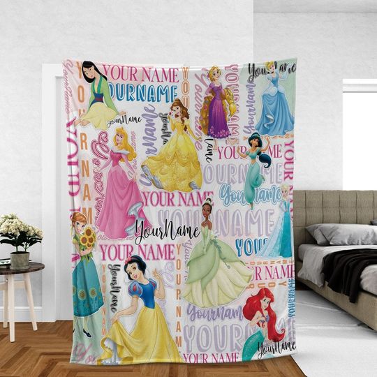 Personalized Watercolor Disney Princess Blanket, Custom Name Baby Girl Blanket