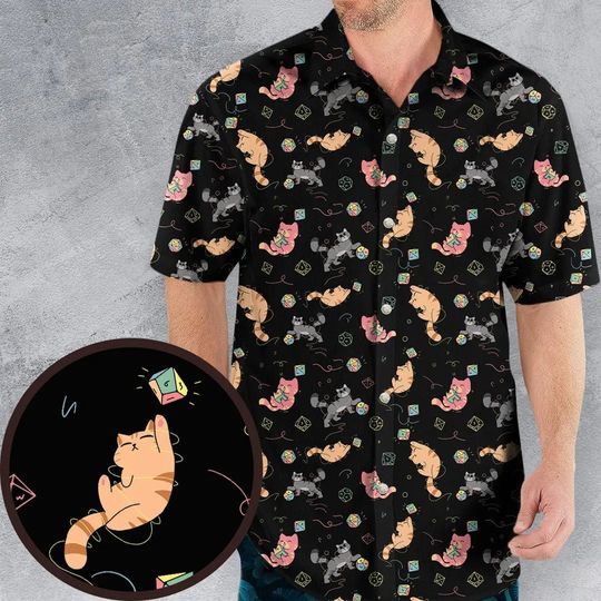 Dice Cat DnD Hawaiian Shirt, funny Hawaiian shirts, cute Hawaiian shirts, beach