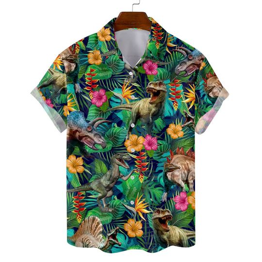 Tropical Dinosaur Hawaiian Shirts for Men Women, Dinosaur Summer Aloha