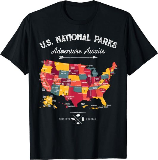 63 National Parks Map US Park Retro Vintage Camping Hiking T-Shirt