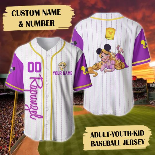 Custom Name & Number Yellow Long Hair Princess Baseball Jersey, Purple Dress
