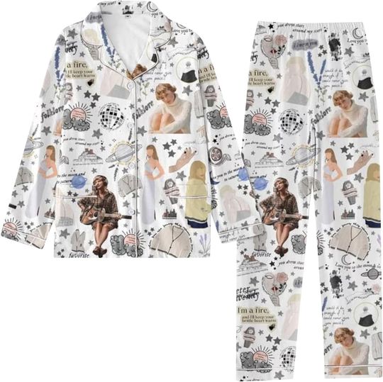 Taylor+Swift Pajamas Satin Pajama for Women Long Sleeve Silk Pajama Set Soft Two Piece Pj Sets Silky Loungewear Nightwear