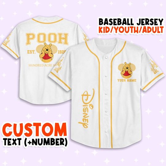 Personalize Pooh yellow, Custom Kids, Youth, Adult Disney Baseball Jersey
