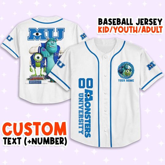 Personalize Monsters Inc University, Custom Kids, Youth, Adult Disney Baseball Jersey