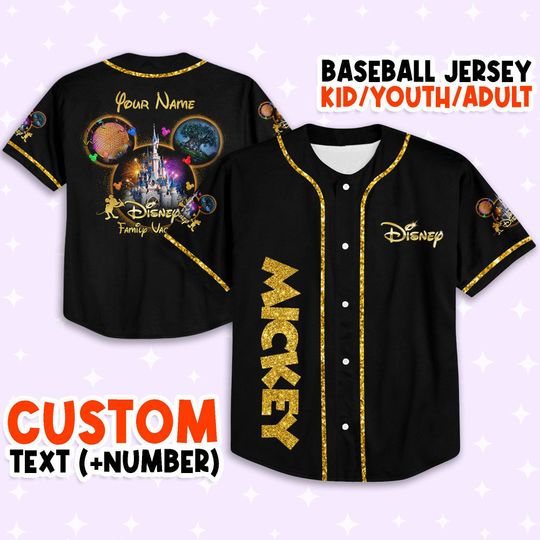 Personalize Mickey Gold Texture, Custom Kids, Youth, Adult 3D Disney Baseball Jersey