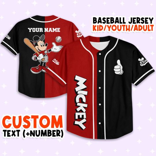 Personalize Mickey Baseball Red Black, Custom Kids, Youth, Adult 3D Disney Baseball Jersey