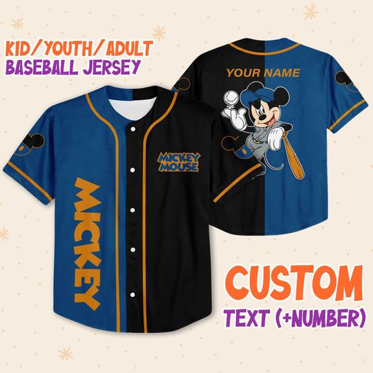Personalize Mickey Baseball Blue Black, Custom Kids, Youth, Adult 3D Disney Baseball Jersey