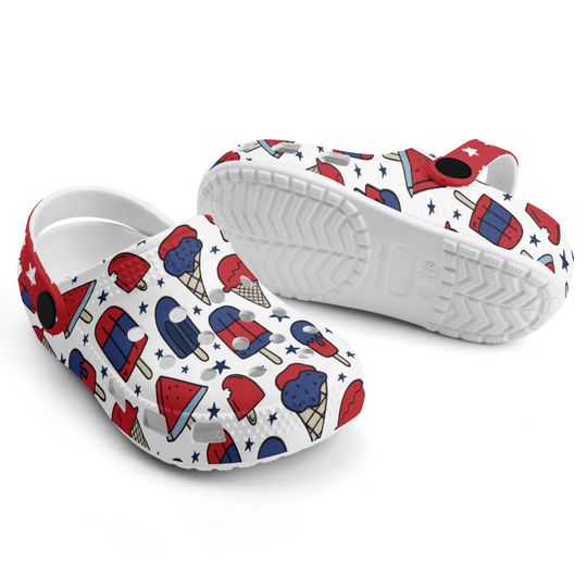 Patriotic All Over Print Summer Croc Style Sandals, Red White and Blue Design Clogs