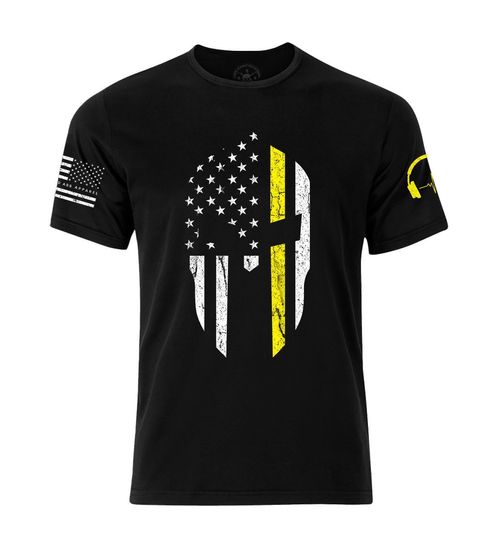 Thin Yellow Line 911 dispatcher T-shirt | Spartan Patriotic Flag Shirt | Thin Yellow Line Spartan Helmet T-shirt