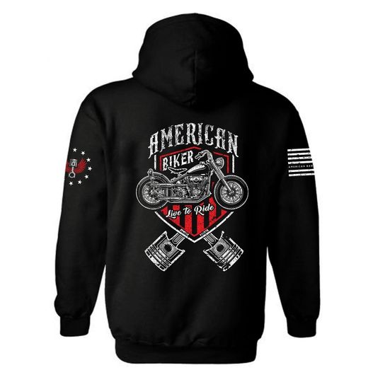 American Biker Live to Ride Hoodie | American flag Motorcycle Hoodie | Patriotic Biker | USA Flag Motorcycles Hoodie