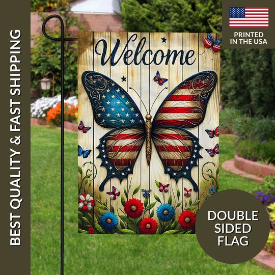 American Butterflies Patriotic Garden Flag, July 4th Butterfl