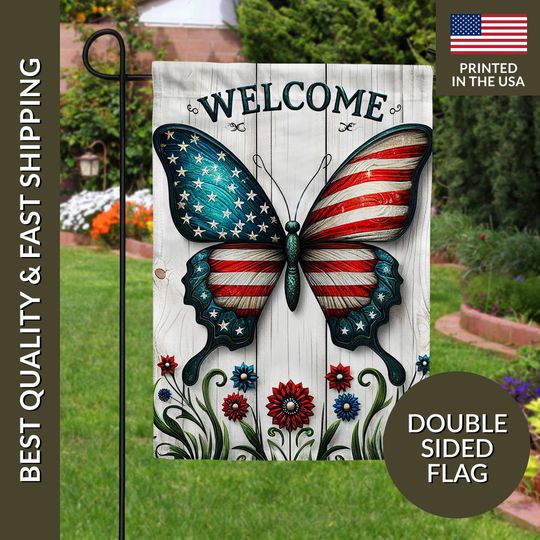 American Butterfly Patriotic Garden Flag, July 4th Butterfly Garden Flag